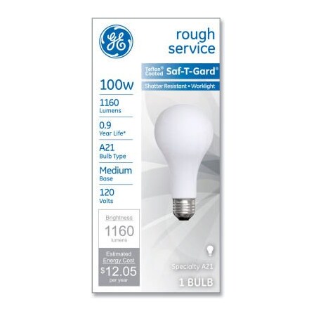 Ge Rough Service Incandescent Worklight Bulb, A21, 100 W, 1,160 Lm 47261